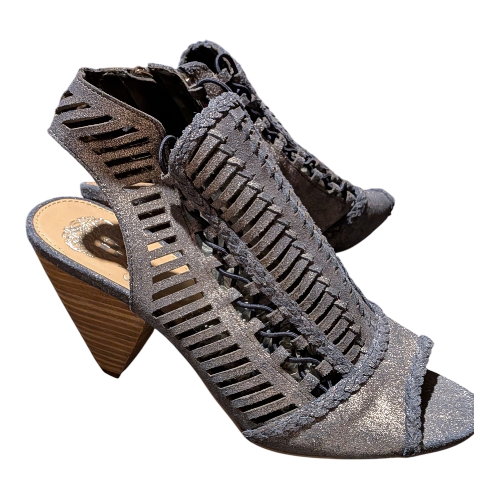 Vince Camuto 8.5 Metallic Slight Shimmer Blue Gray Side Zip Heeled Sandals